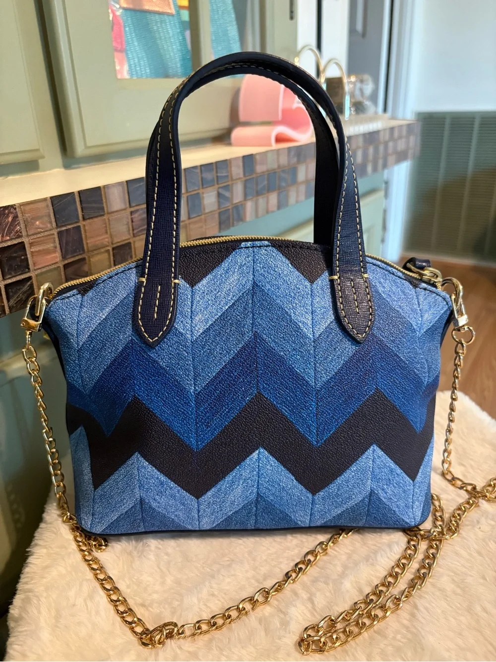 Dooney & Bourke Blue Chevron Satchel with Gold Chain Strap
